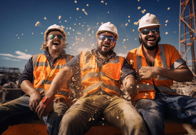 Three construction workers wearing safety vests and helmets sit together, smiling and laughing, with liquid or foam splashing in front of them at a construction site.