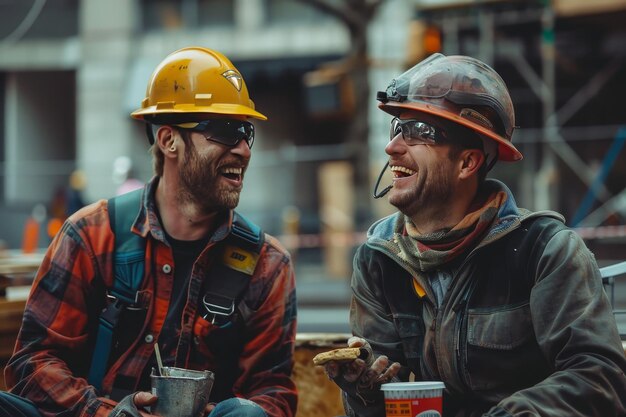 Laughing workers in hard hats